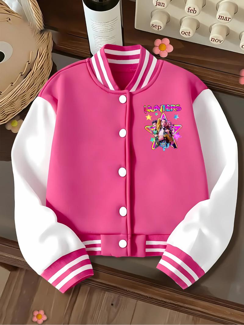 KPOP-Huntress Girl Group  Girls Short Baseball Jacket with Cartoon Design, Fitted Activewear for Kids, Elastic Fabric for Fall & Winter, Trendy School Uniform for Halloween