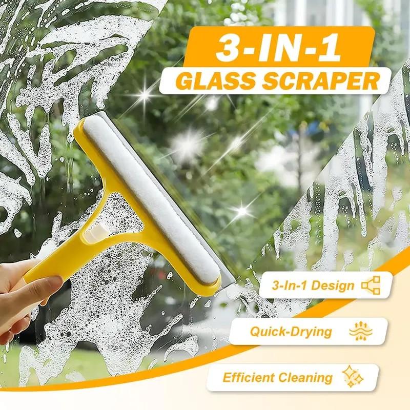 3-in-1 Glass Cleaner Scraper + squeegee + scrubber + spray in one design, easy to deal with home windows, mirrors and car windscreen cleaning! Efficient cleaning, one scrape and you're clean!
