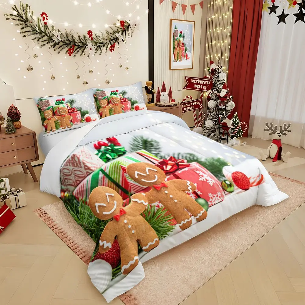 2/3Pcs Christmas Gingerbread Man Comforter Set, Festive Holiday Bedding Set, Soft Microfiber Quilt with Matching Pillowcase, Cute Xmas Bedroom Decor for Kids and Adults, No Pillow Core