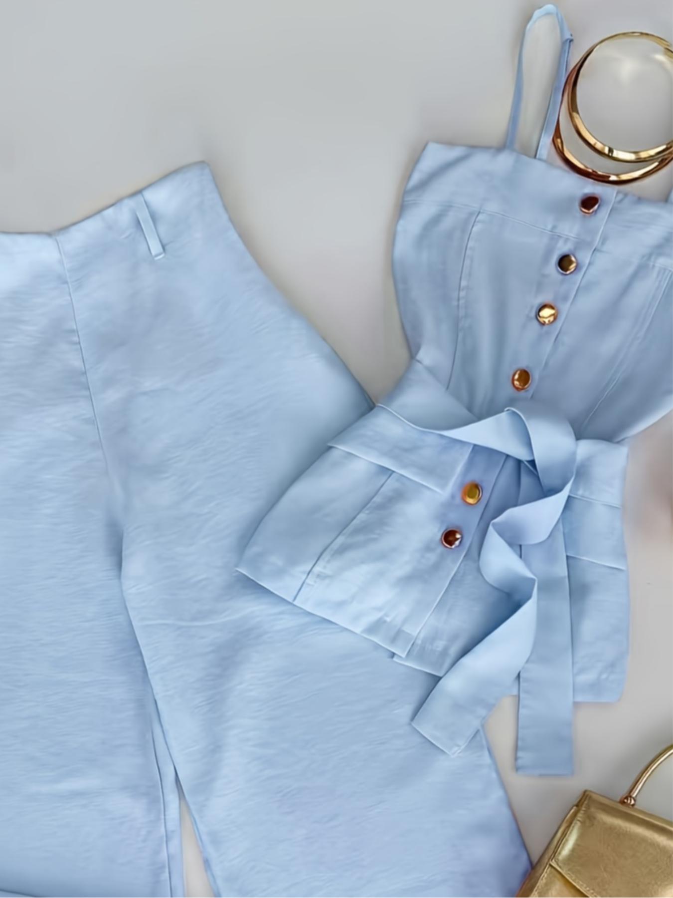 New Women's Solid Color Strappy Top & Long Pants Two-Piece Set, Versatile Casual Wear, Comfortable and Stylish, Perfect for Daily Use