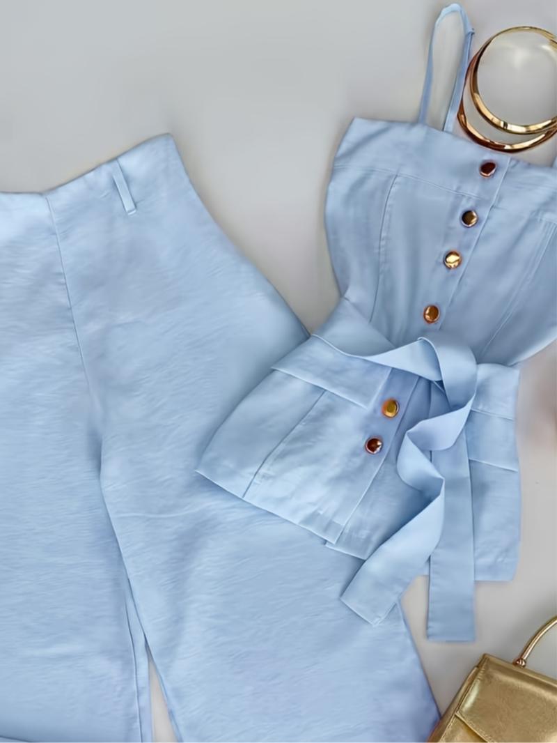 New Women's Solid Color Strappy Top & Long Pants Two-Piece Set, Versatile Casual Wear, Comfortable and Stylish, Perfect for Daily Use