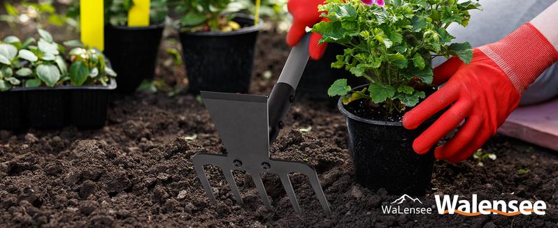 Walensee 2 in 1 Hoe Garden Tool, 63 Inch Garden Hoe Cultivator and 5-Tines Rake with 37-63 Inch Adjustable Long Handle, Grass Pulling Tools Hand Tiller for Yard Lawn Flower Beds Planting Gardening Digging