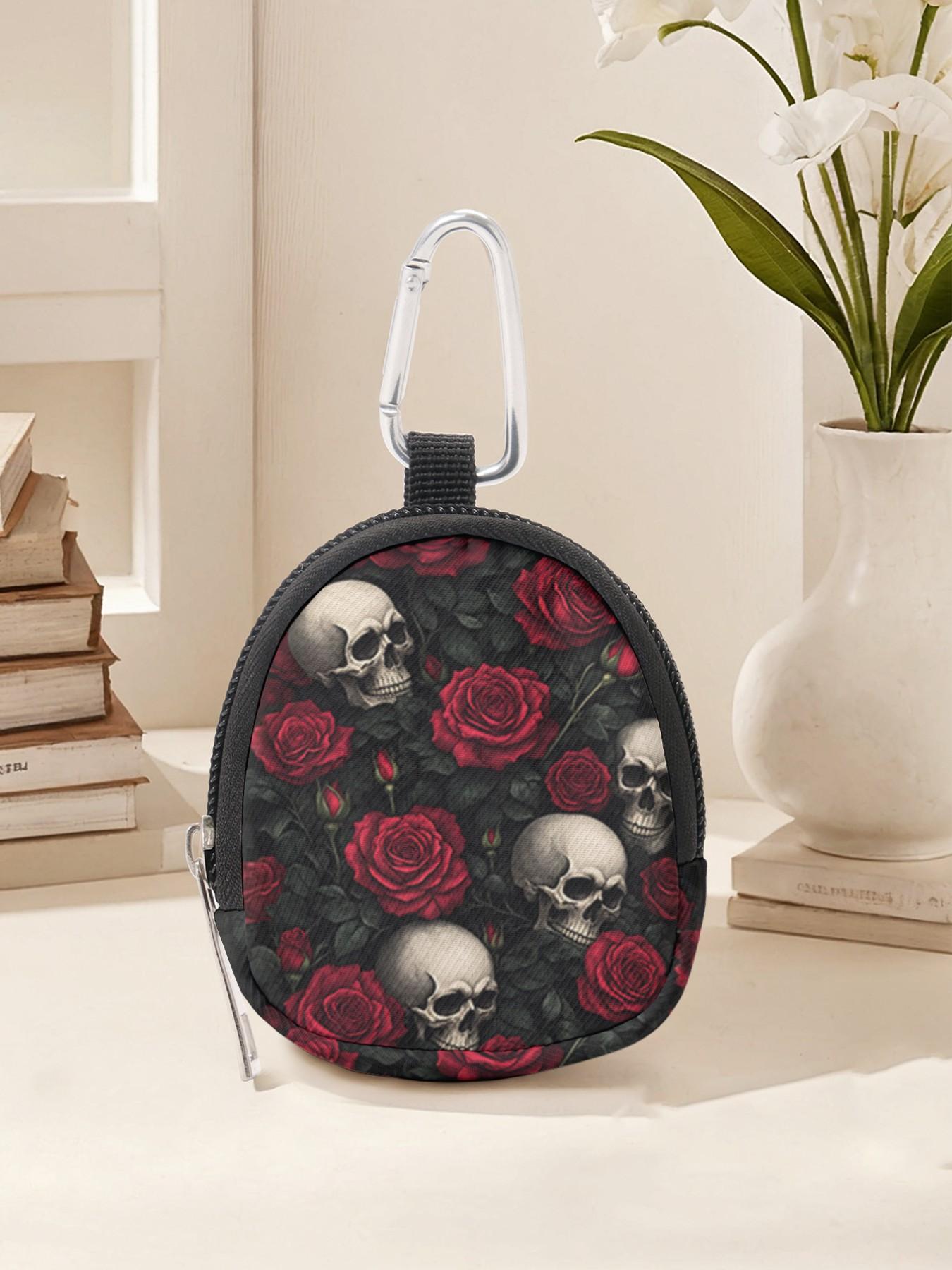 Rose Skull Pattern Mini Wallet, Lightweight Zipper Coin Purse with Hook Clip, Earphone Key Bag, Unisex Casual Style, All Seasons