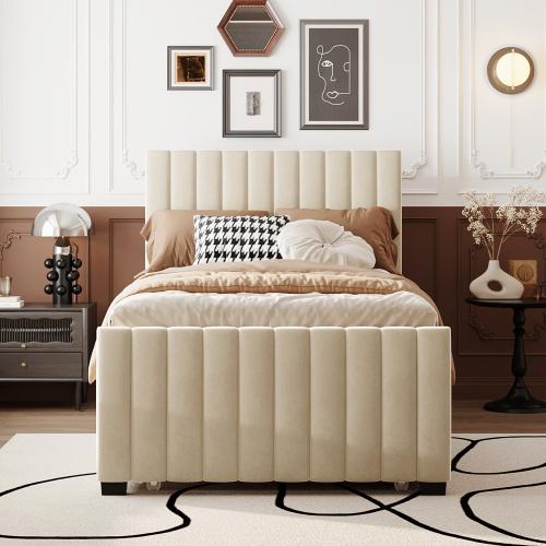 [Bellemave]Twin/Full Size Velvet Upholstered Platform Bed with Twin Size Trundle