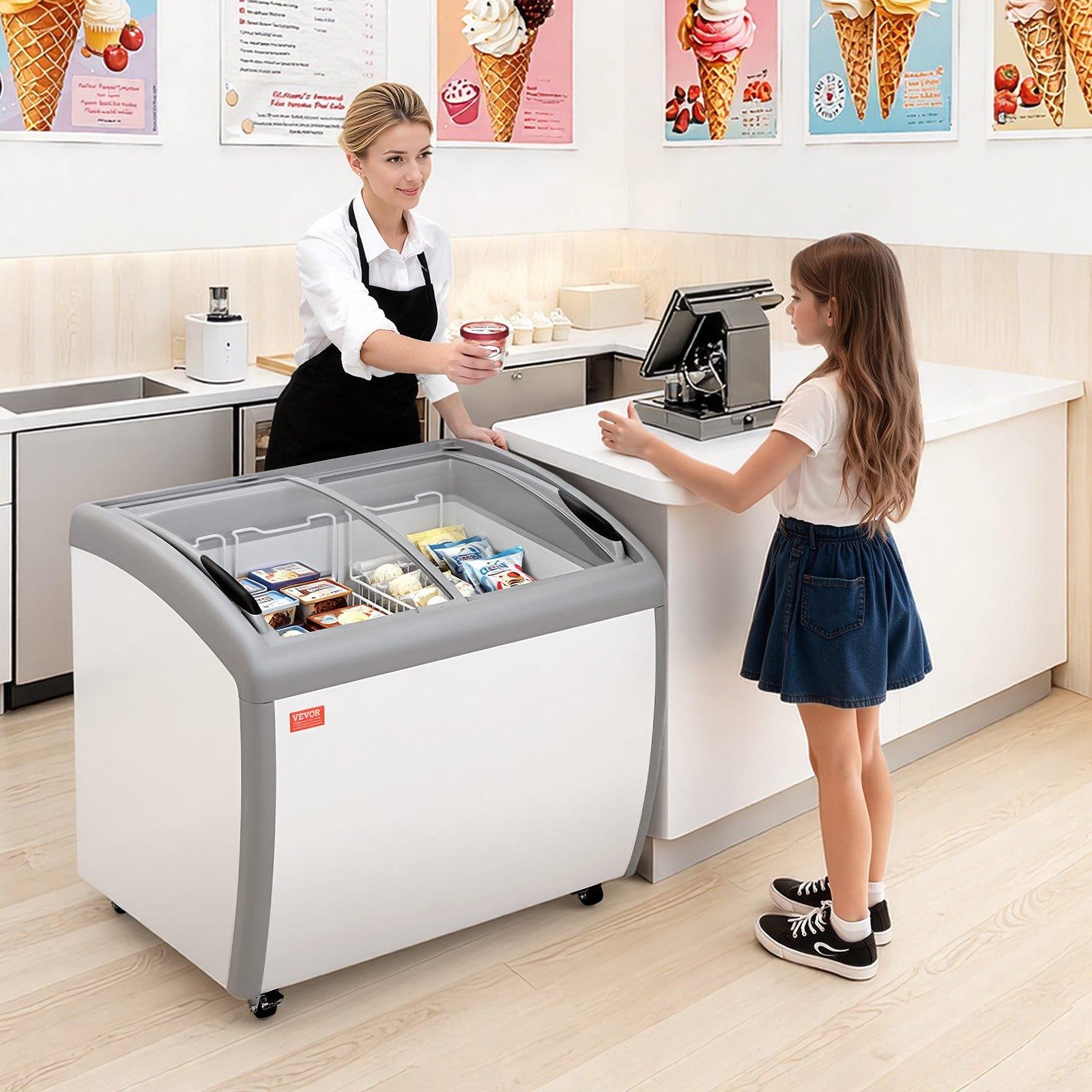 VEVOR Commercial Ice Cream Display Case, 9.3 Cu.ft (264L) Direct Cooling Cold Rolled Plate Chest Freezer, --19 To 3 ℉℉ Temp Adjustable, with 3 Wire Ice Cream Baskets, 2 Sliding Tempered Glass Doors, Locking Casters & LED Strip Lighting for Cafe Owners, Ba