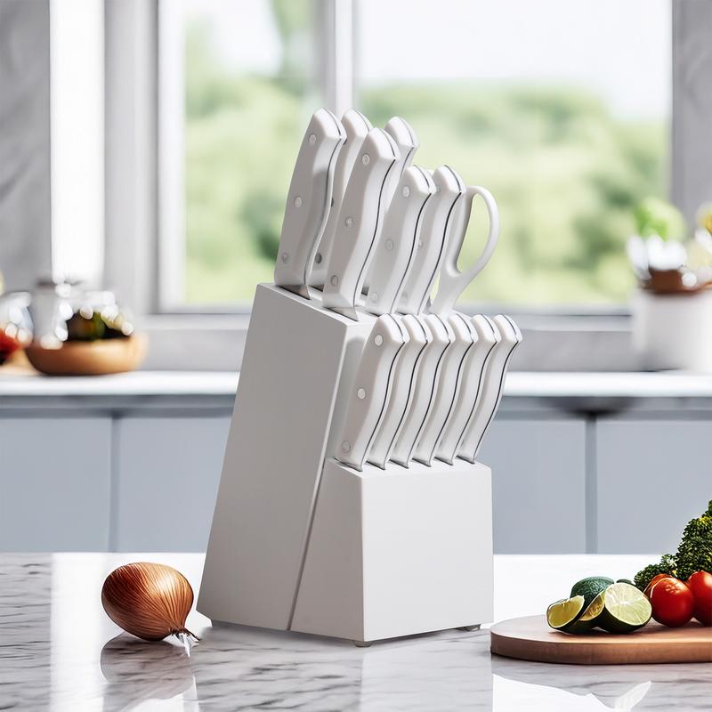 15 Pieces, Kitchen Knife Set, Solid Wooden Knife Holder, Plastic Knife Holder, Chef's Knife, Japanese Knife, Meat Knife, Bread Knife, Steak Knife, Fruit Knife, Scissors, Meat and Vegetable Cutter,  Gift Set Kitchenware Sturdy Stylish Stainless Steel