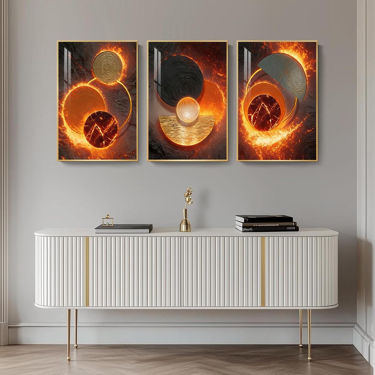 3 Counts Aluminum Alloy Framed Painting, Abstract Fire And Lava Geometry Pictures, Home Decoration For Living Room, Bedroom, Office, Restaurant, Hallway Wall Decor, Odorless Print Artwork, Luxury Perfect Gift For Friends And Family