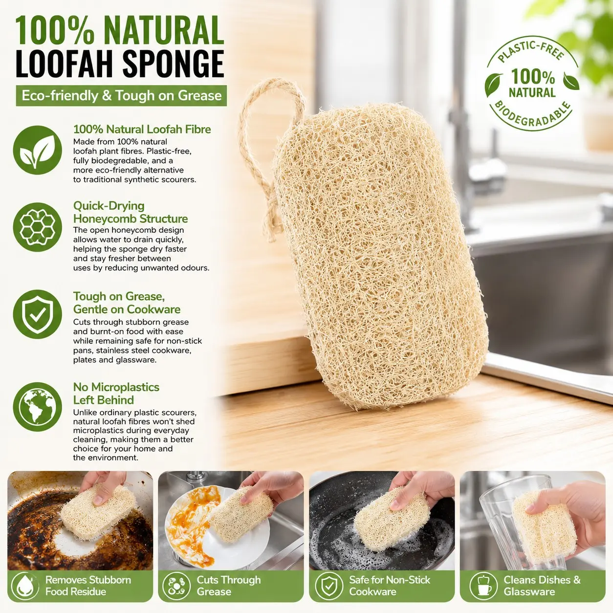 10 Piece Natural Loofah Dish Scrubber Set, Plastic-Free Kitchen Sponge, Biodegradable Plant-Based, Non-Stick Pan & Utensil Cleaner