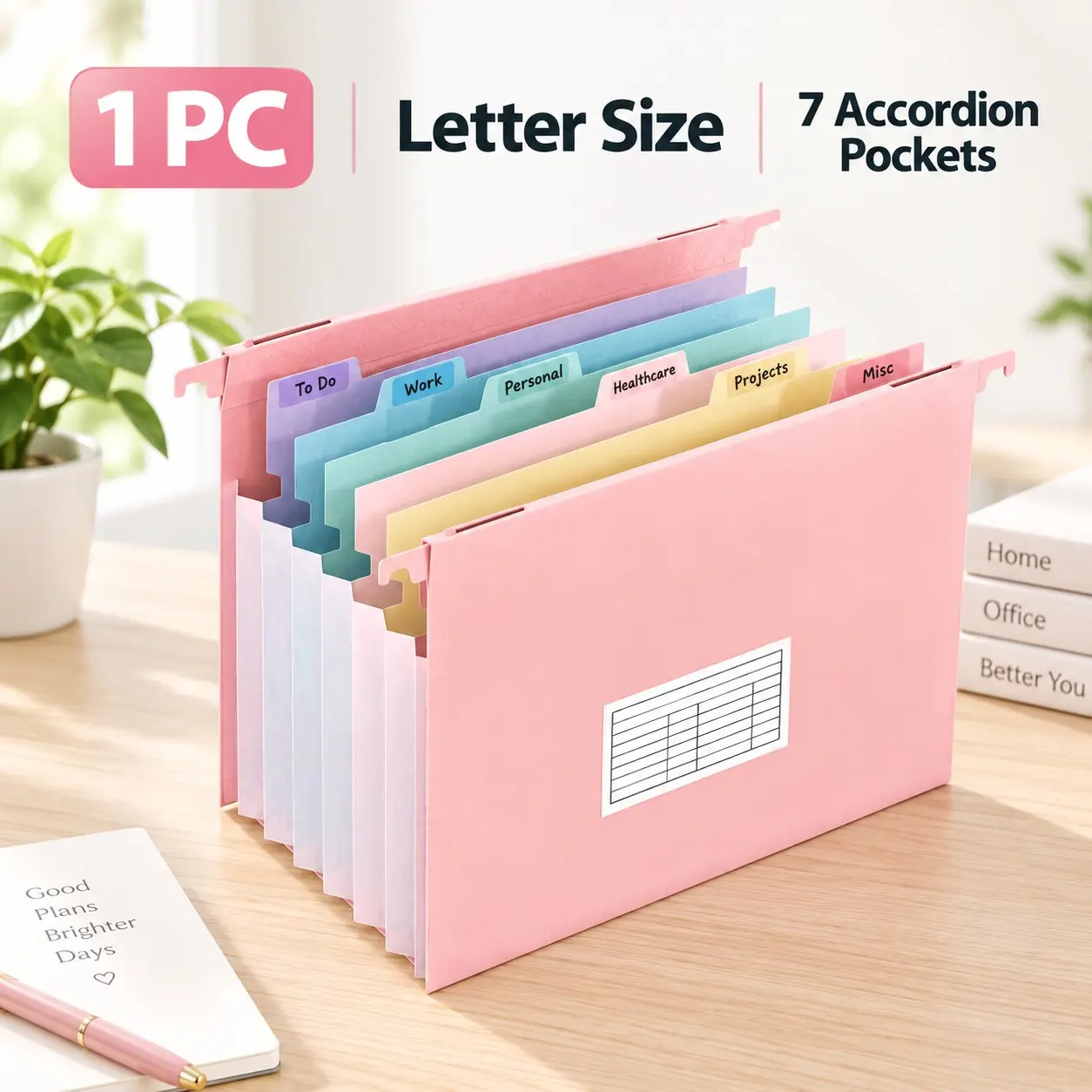 1 Pc Letter Size Hanging Expanding File Folder, 7 Accordion Pockets with Multicolor Tabs, 1.2in Expandable Document Organizer, 50% Wheat Straw File Storage Folder for Office, Home, School & Filing Cabinet