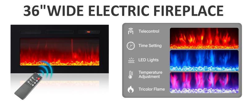 【Ships 2 Packages】oneinmil Fireplace TV Stand with 36" Electric Fireplace, LED Light Entertainment Center, Modern Wood Texture Entertainment Stand with Highlight Storage Cabinet for TVs Up to 80", 70 inches, Black