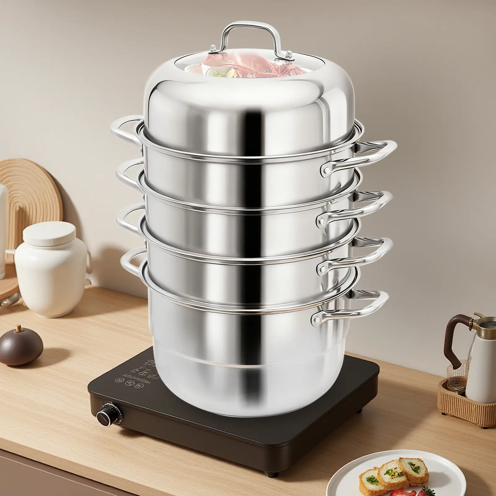 5 Tier 304 Stainless Steamer Pot 9L for Gas Induction Stove Shrimp Bun Noodle Use
