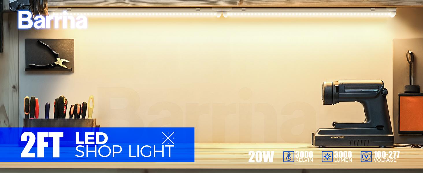 Barrina T8 LED Shop Light 2FT, 20W 3000LM 3000K, V Shape Integrated LED Lighting for Garage, Warehouse, Workshop, ETL Listed, 2 Packs