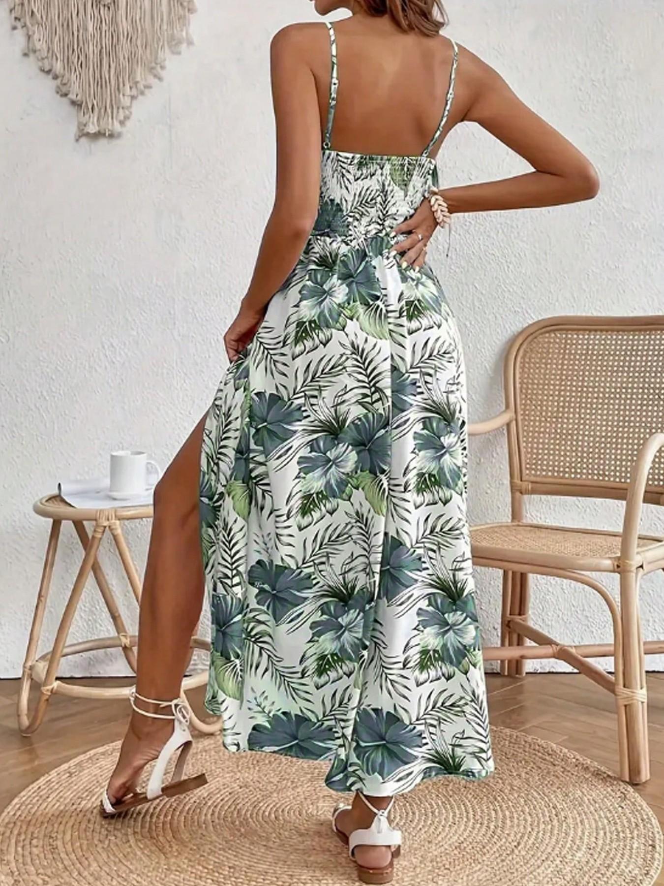 Women's Summer Holiday V-Neck Sleeveless Tropical Print Bohemian Maxi Dress with High Side Slit Women's Summer Holiday V-Neck Sleeveless Tropical Print Bohemian Maxi Dress with High Side Slit
