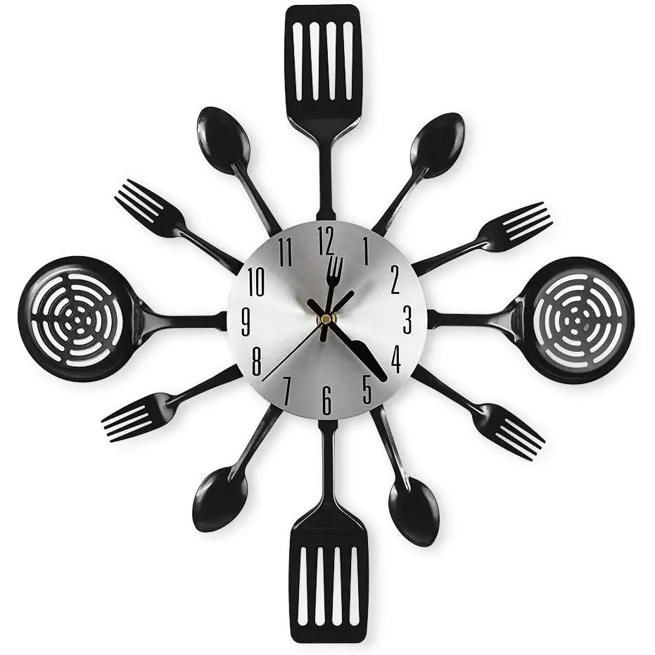 16 Inch Cutlery Kitchen Wall Clock - Silent Non-Ticking,  Operated, Fork & Spoon Design for , Dining Room Decor, for Mom, Wife, Cooking Lovers