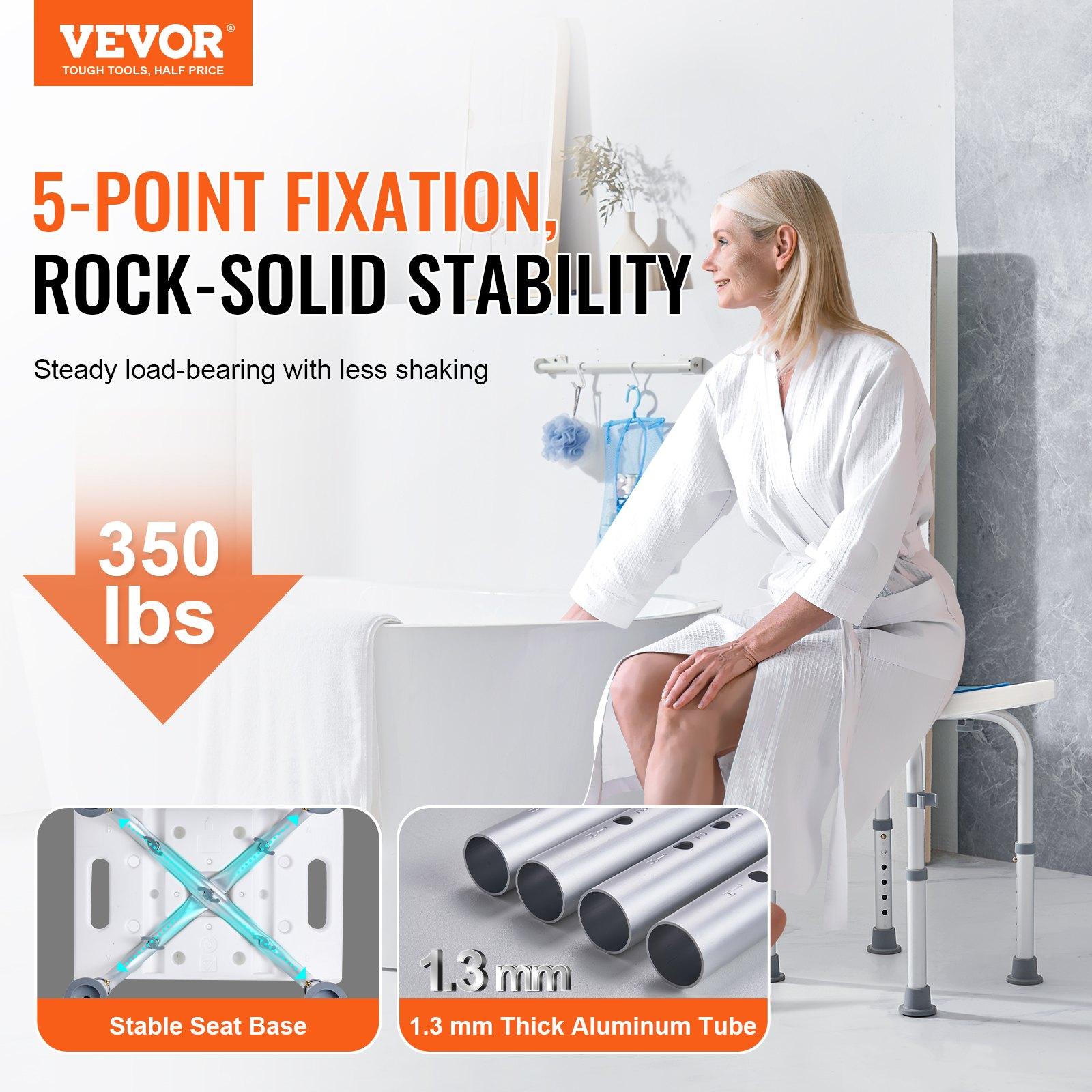 【DealsForYouDays】VEVOR Adjustable Height Shower Chair with Height Adjuster & Seat Cushion, Non-Slip Tub Bench for Elderly, 350 LBS Capacity