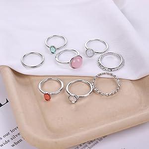 Women's 7-19pcs Silver Star-Moon Gemstone Zinc Alloy Hypoallergenic Multi-Size Stackable Midi Knuckle Rings, Vintage Female Jewelry for Graduation Gift, Anniversary Gifts