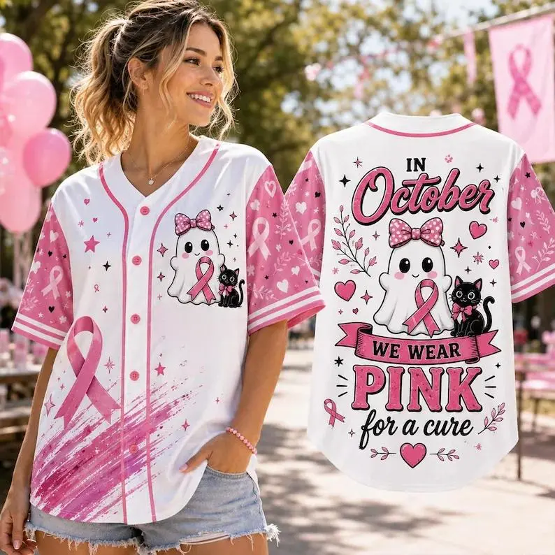 Pink Ribbon Breast Cancer Awareness Baseball Jersey - In October We Wear Pink, Ghost Print, Short Sleeve Tops, Multi-Size, Regular Fit