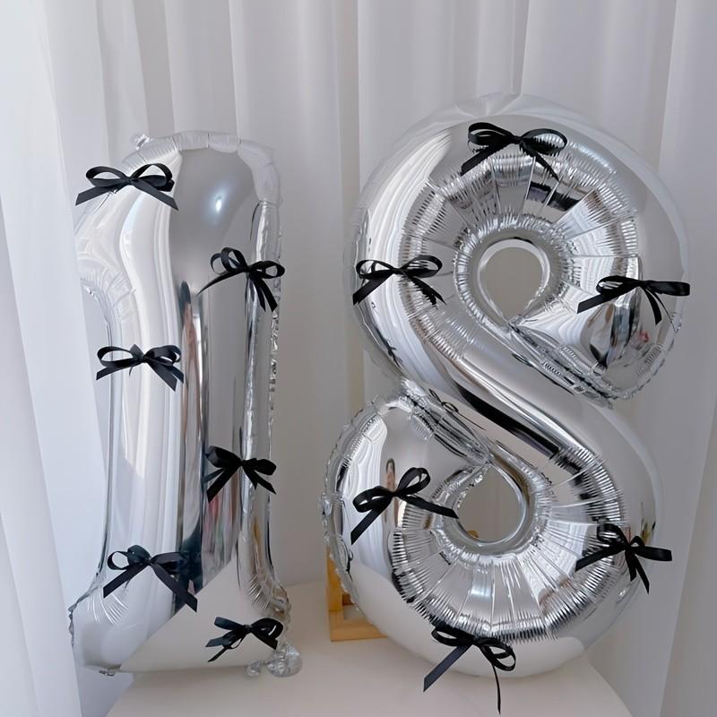 15pcs black bow style silver aluminum foil balloon set, including 2 balloons, 12 black bows and glue, suitable for birthday parties, Birthday decorations, graduation ceremony decoration and photo props