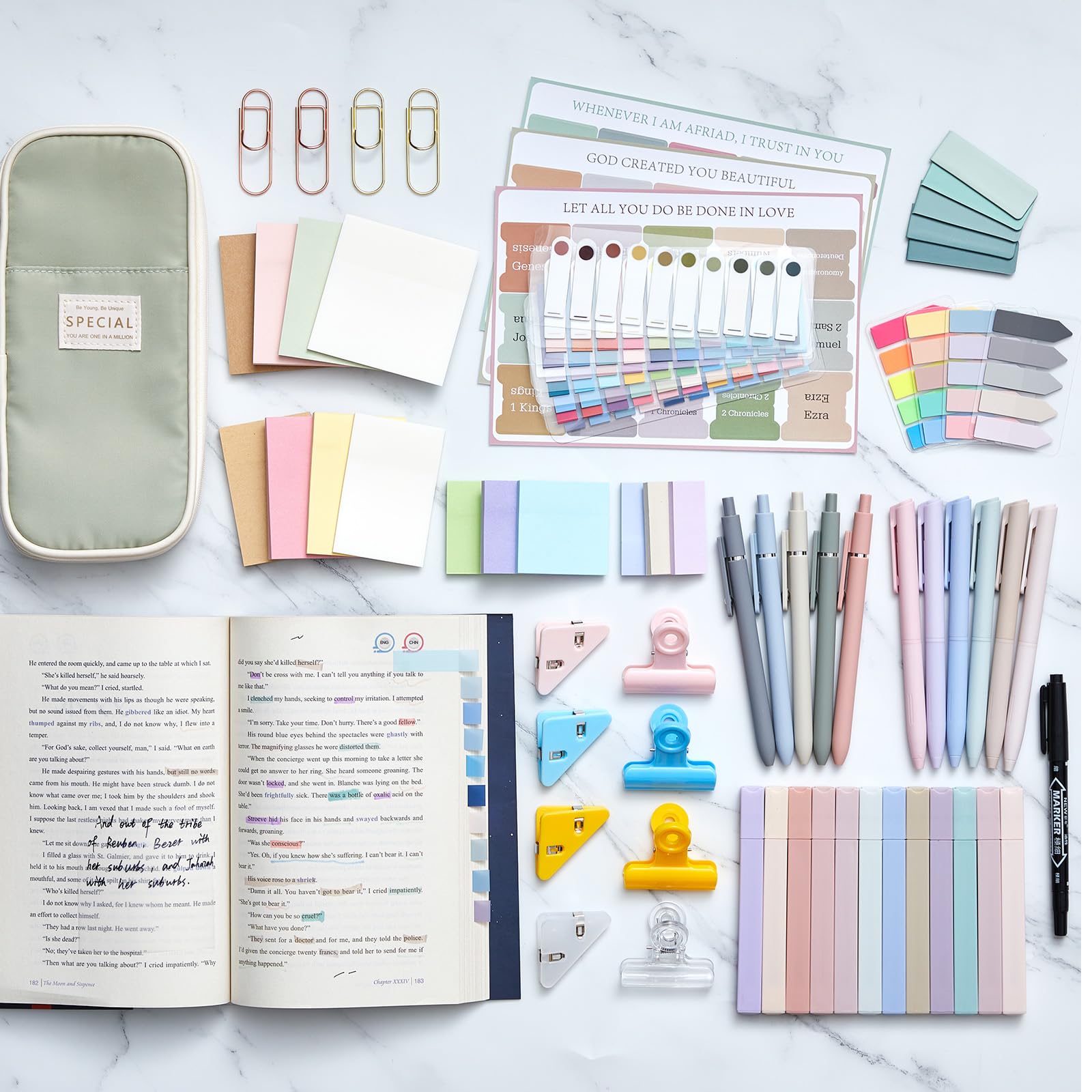 73pack Bible Journaling Kit for Christian with Pencil Case Highlighters Marker Gel Sticky Note Index Labels Pens Tabs Clips Aesthetic Annotation Kit for Bible Study, Bible Study Supplies School Stationery Easter Gift for Christian Women Teenagers Student