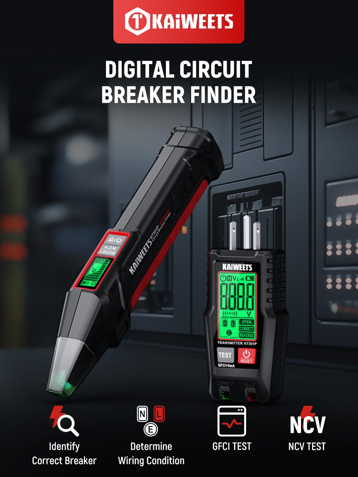 KAIWEETS AC Circuit Breaker Finder Kit with LCD Alert Display – 2-Piece Voltage Tester Set with Transmitter & Receiver, Non-Contact Voltage (NCV) Detection, Flashlight, Cable/GFCI Outlet Tester, Portable Electrical Circuit Detector Tool for Home & Pro Use