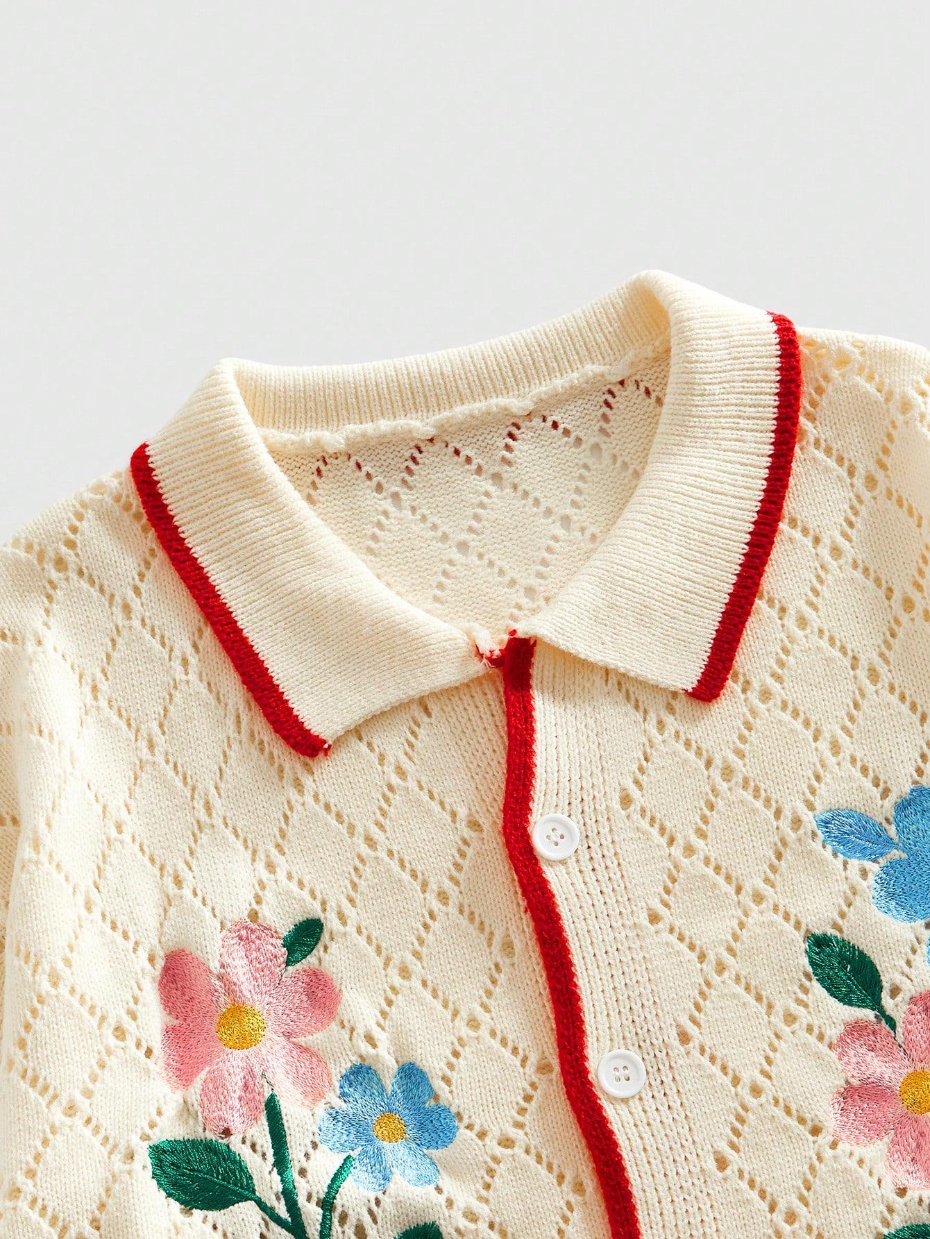 Men's Knitted Short Sleeve Cardigan, Color Block Edges & Floral Embroidery Design, Casual Hollow Out Style, Y2K Fashion for Daily Wear