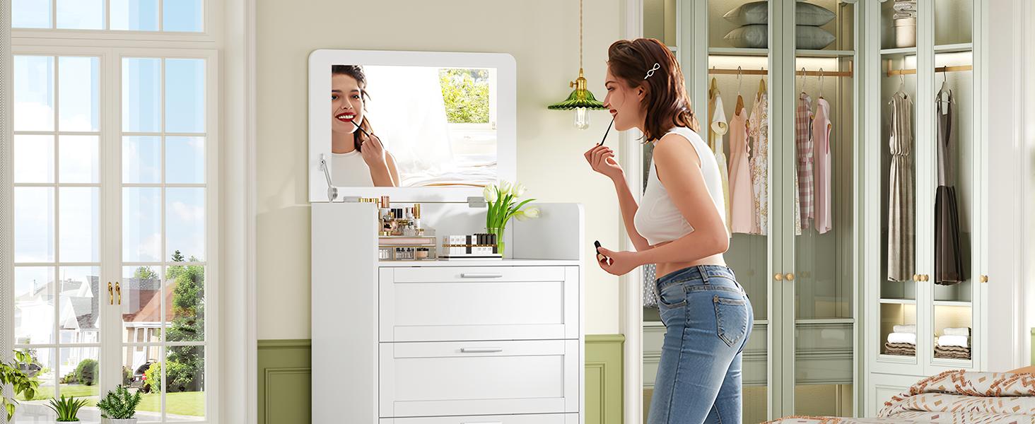 Dresser for Bedroom, Tall White Dresser with 4 Drawers, Dressers with Mirror, Chest of Drawers for Bedroom, Living Room, Closet, Hallway, White