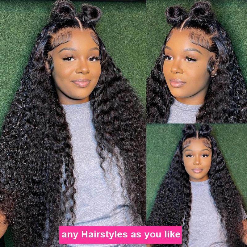 34Inch 200% Density Deep Wave Lace Front Wigs Human Hair 13x4 HD Lace Front Wigs Blended Hair Jerry Curly Glueless Lace Wigs Pre Plcked 13x6 Deep Part Curly Lace Frontal Wig For Women With Baby Hair Wet And Wavy Wig Natural Black Color