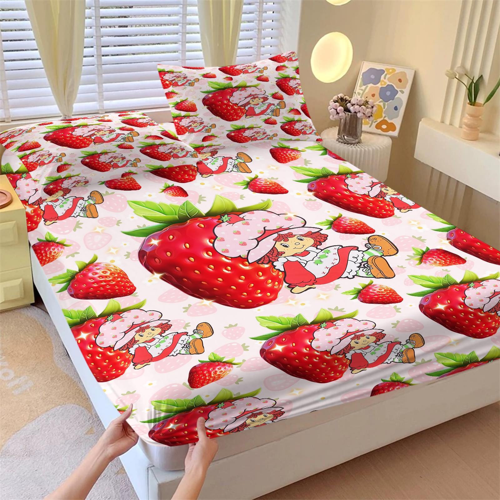 Anime Strawberry Girl Fitted Sheet Set, 1 Fitted Sheet + 2 Pillowcases - 3 Pcs Soft Breathable Bedding with Deep Pocket, 360° All-Round Wrap, Wrinkle Resistant, Cute Strawberry & Cat Cartoon Bed Sheets for Girls, Full Size