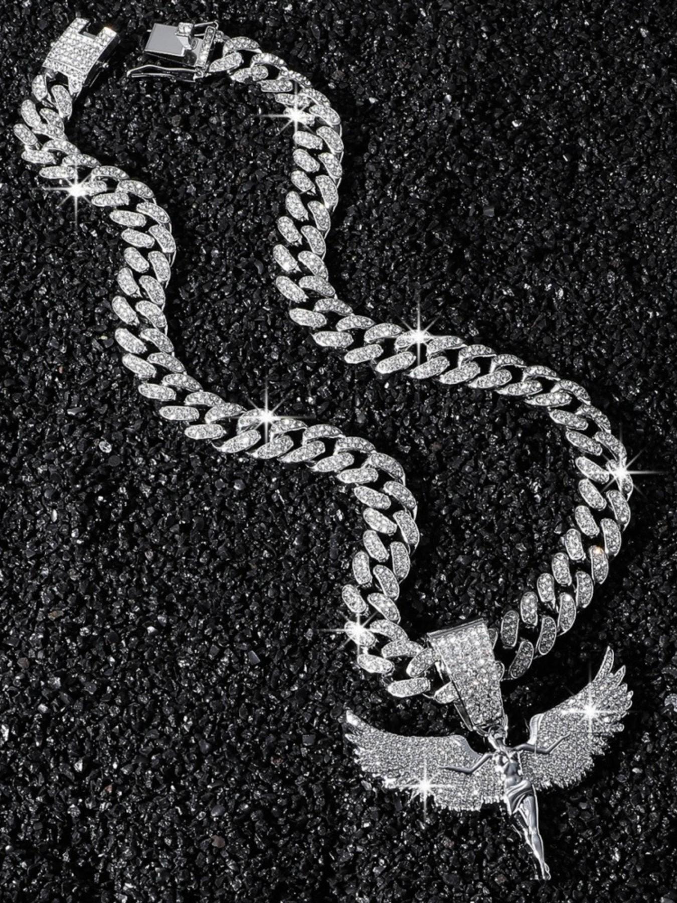 American Rap Style Large Wing Angel Pendant, Full Diamond Wide Cuban Chain, Cuban Link Design, Unique Men's Bling Necklace, Fashion Jewelry Accessory