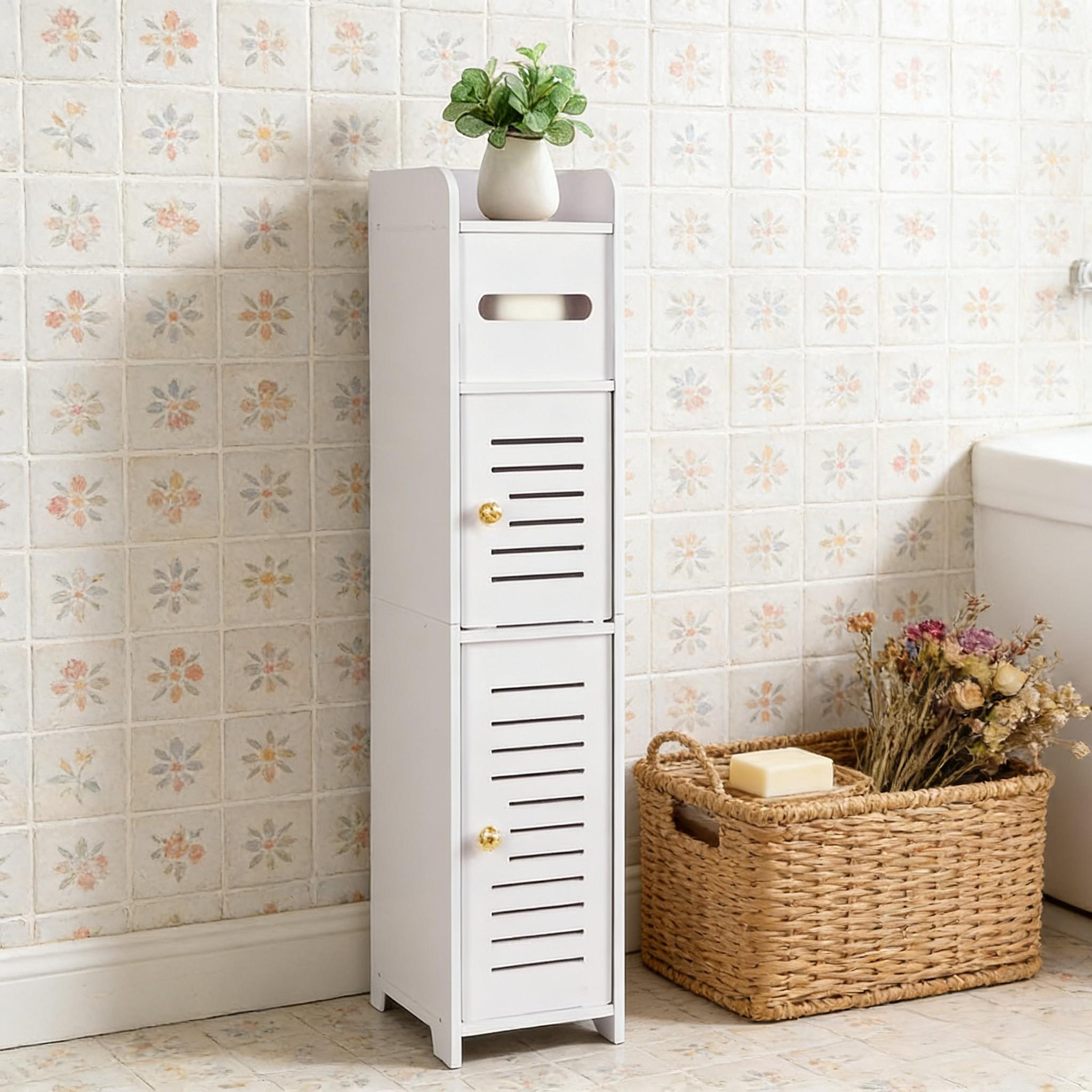 Narrow Bathroom Storage Cabinet with Door, Dust-Proof Top Flip Paper Holder, Minimalist Multi-Layer Design, Small Space Toilet Gap Shelf