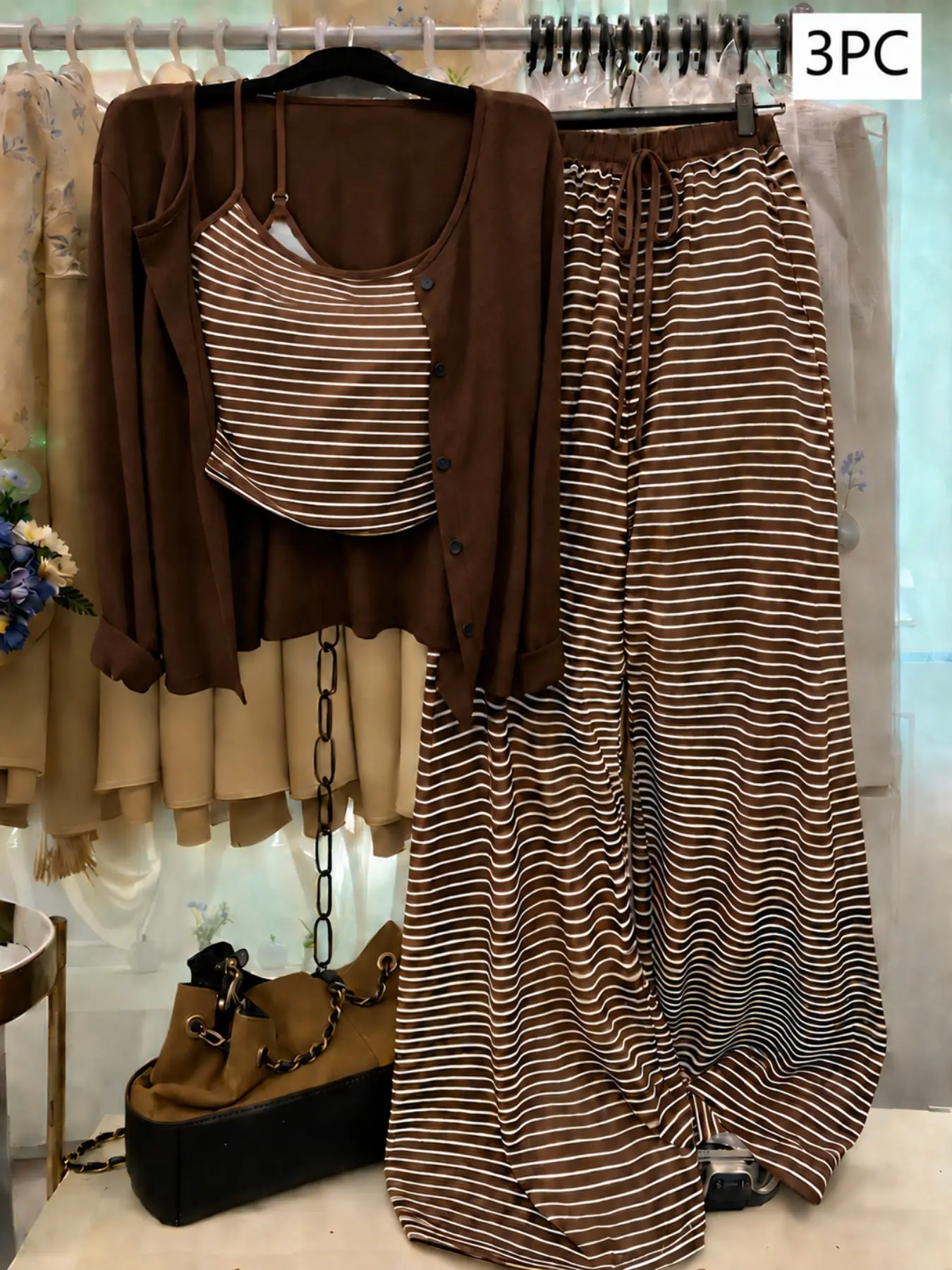 Women's Autumn and Winter 3-Piece Set, Striped Tank Top, Solid Long Sleeve Cardigan, and Striped Wide Leg Pants, Casual and Comfortable Style