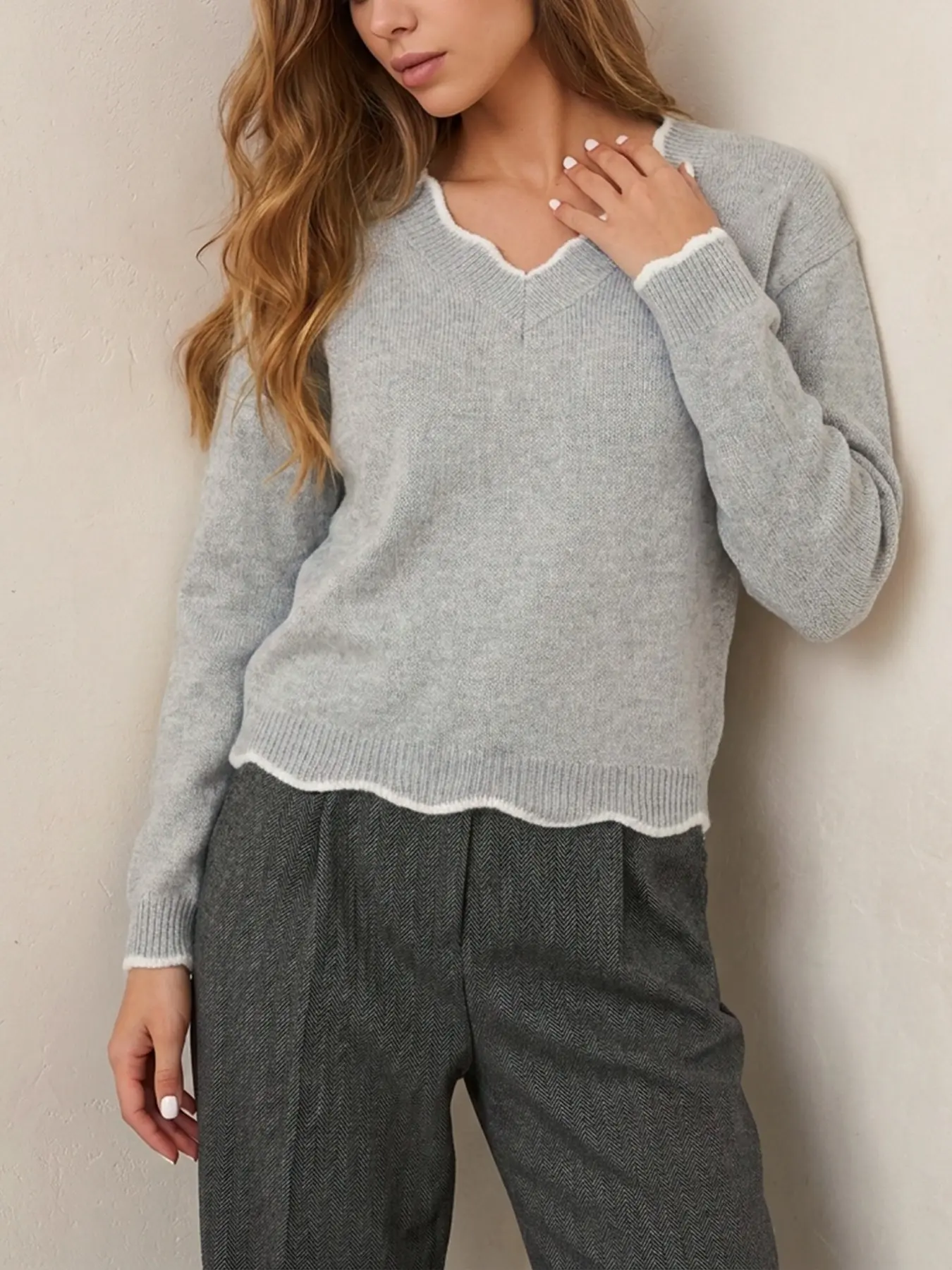 Women's Casual Loose-Fit Knitted Pullover, V-Neck Long Sleeve Sweater, Plain Color, Fall & Winter Fashion, Comfortable and Stylish