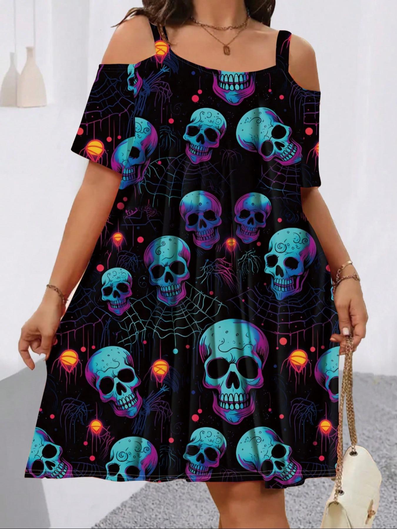 Summer Women's Short Sleeve Hollow Out Spaghetti Strap Fashion Elegant Fitted Halloween Skull Print Dress, Lady, Casual Cut Out, Comfortable Fit, Stylish and Trendy, Perfect for Casual Wear, Womenswear