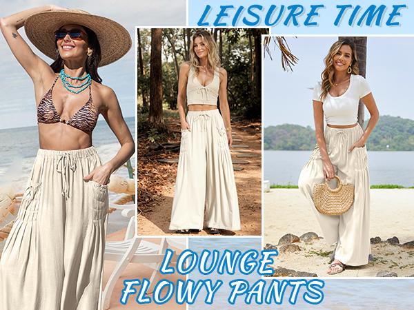 TARSE Women Casual Linen Palazzo Pants Loose Fit Boho Wide Leg Baggy Trousers with Pockets Oversize Summer Vacation Womenswear Work Pants