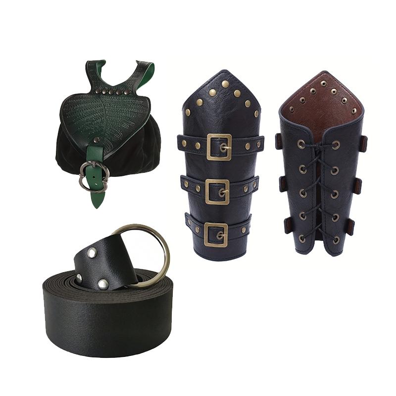 4pcs Medieval Knight Buckle Wrist Guards, Leaf Texture Waist Bag, PU Leather Belt, Halloween Costume Accessory, Unisex Role Play Props