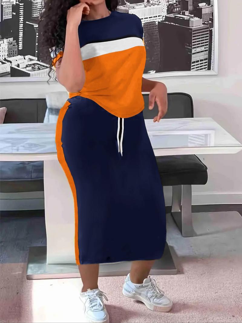 Women's Colorblock Print Two-piece Set, Casual Fashion Cozy Round Neck Tee & Skirt for Daily Outdoor Wear, Women Clothing for Spring Fall, Casual Matching Set