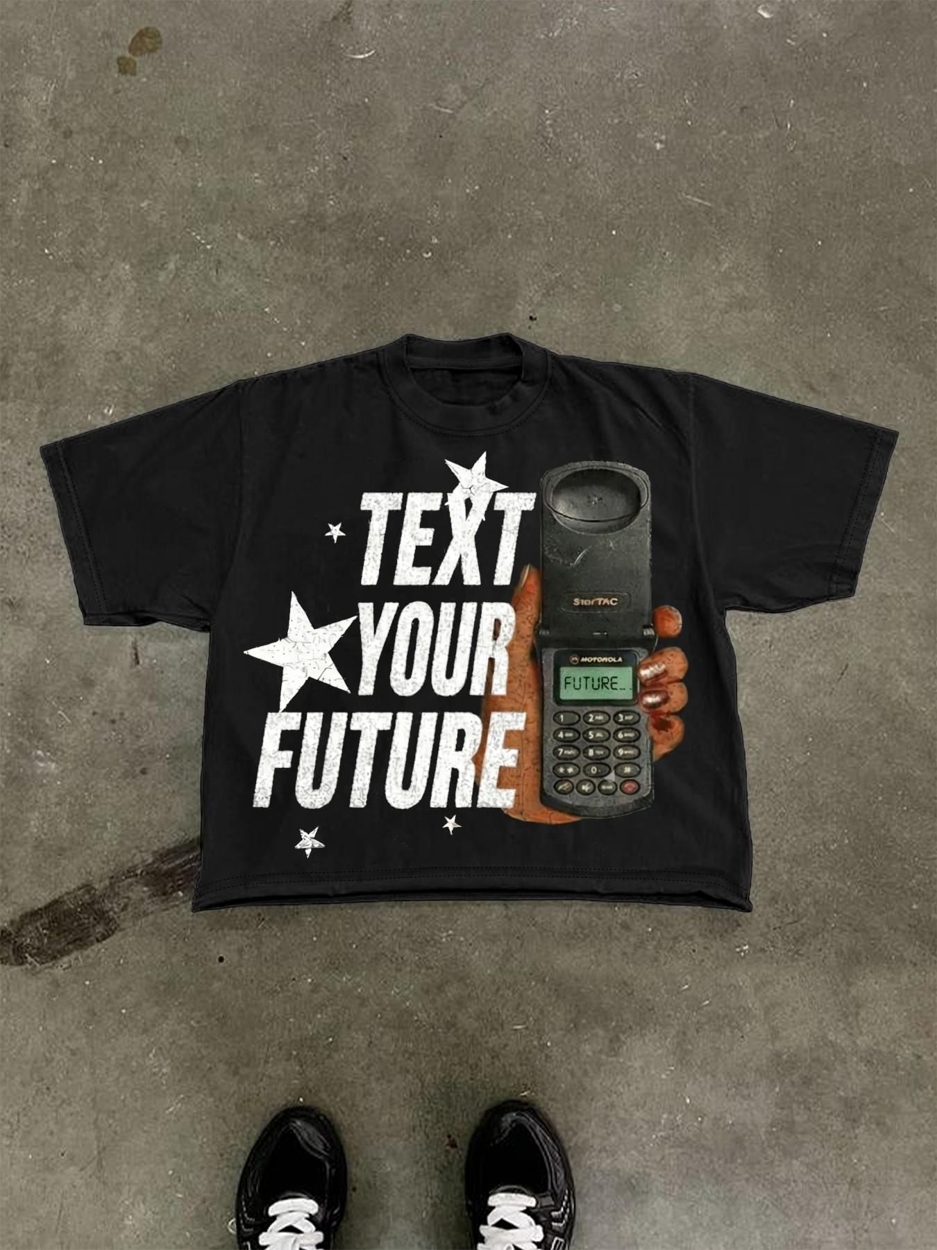 Men's Cotton T-Shirt, Short Sleeve, Phone & Star Print, Loose Fit, Casual Style, Summer Fashion, Outdoor Sports Streetwear