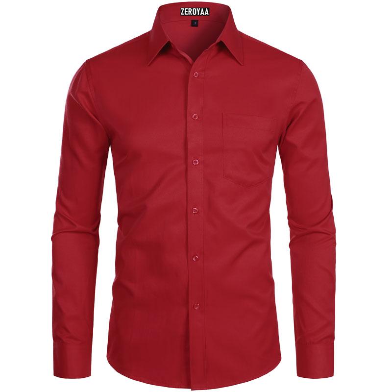 Zeroyaa Men's Long Sleeve Button Up Shirts Solid Slim Fit Casual Business Formal Dress Shirt with Pocket Menswear Korean summer outfits men funny shirts