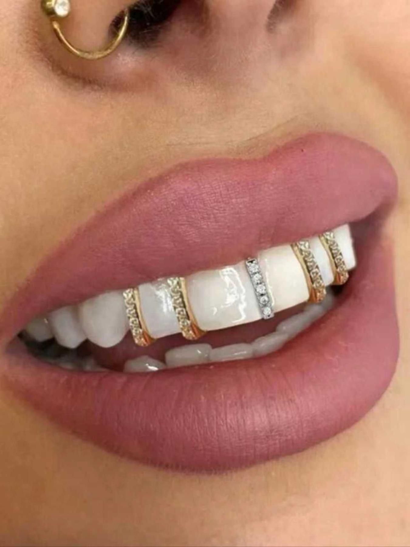 1 punk hip-hop dental accessory, shiny and detachable rhinestone braces, gemstone teeth, gold and silver colors, fun single clip style dental accessory