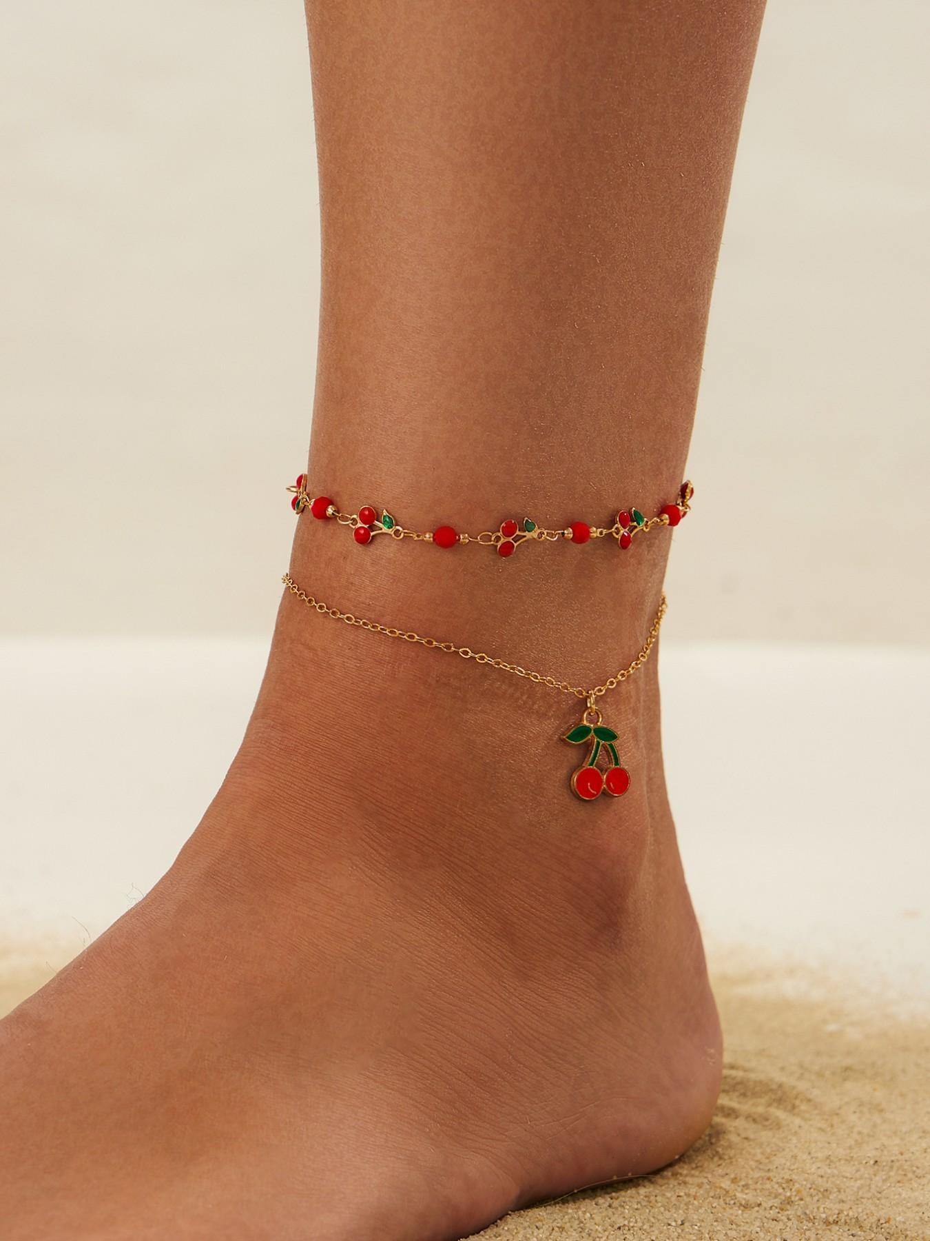 Beaded Multi-Layer Anklet Set, Cherry Design, Cute Style, Zinc Alloy Material, Spring Summer Fashion Accessory