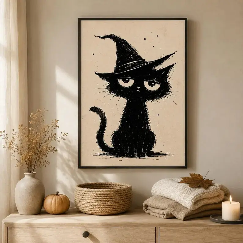 Black Cat Witch Framed Canvas Poster, Vintage Halloween Wall Art, Spooky Gothic Cat Print for Living Room Bedroom Entryway Home Decor