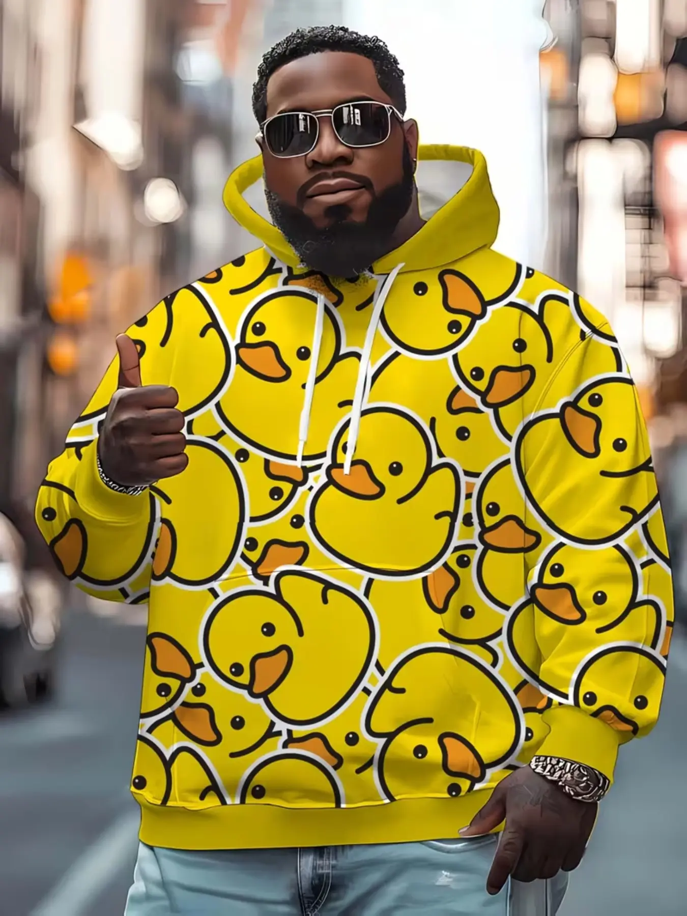 Men's Cartoon Duck Print Hoodie, Bright Cute Duck Design, Drawstring Kangaroo Pocket, Loose Fit Long Sleeve Pullover, Casual Fashion