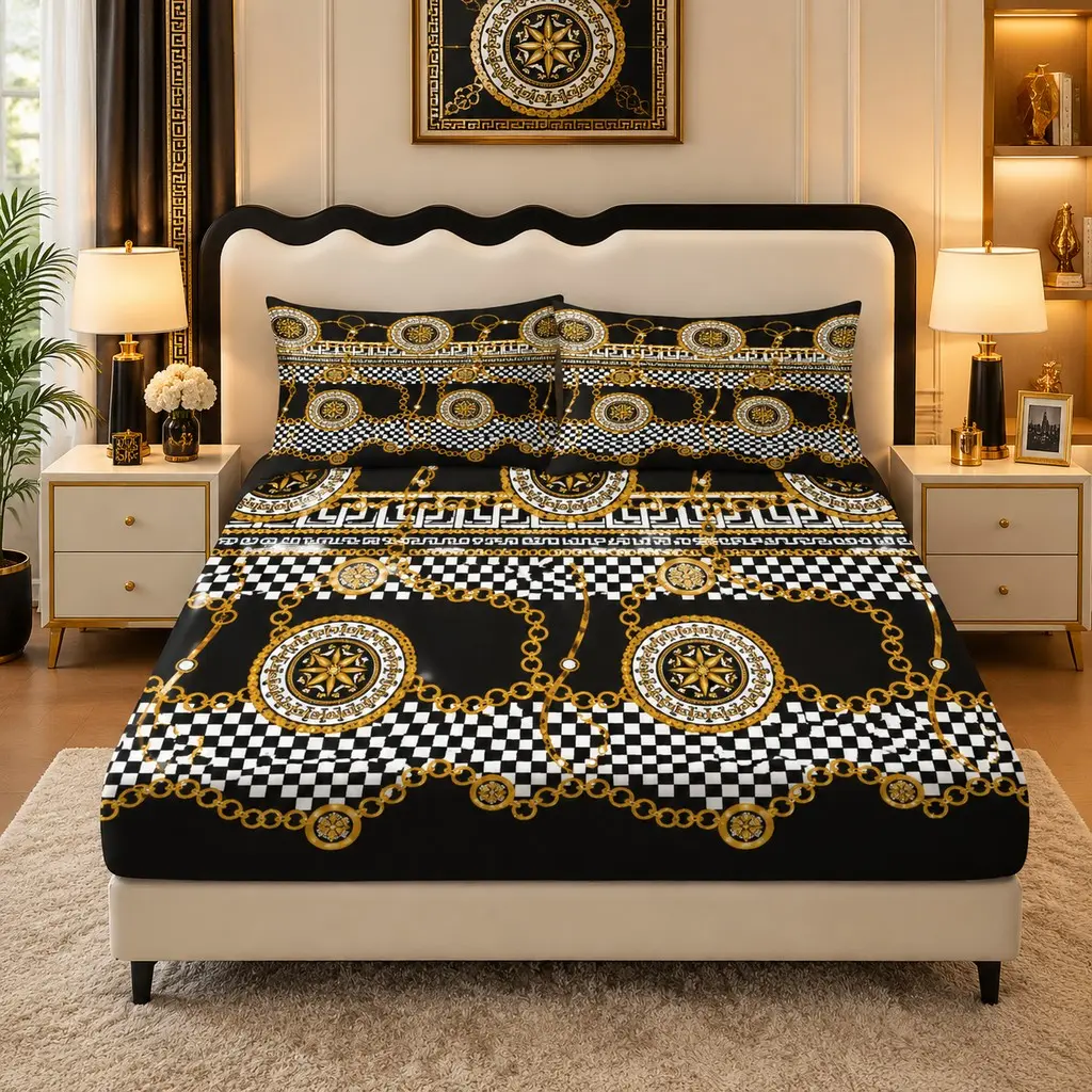 3pcs high-end black gold contrasting chain pattern bedding set made of wear-resistant polyester fabric, including 1 bedsheet and 2 pillowcases (unfilled), skin friendly and machine washable, suitable for day bedrooms, guest rooms, dormitories, bedding