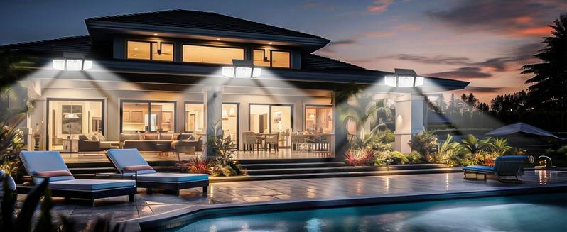 Daphino Solar Outdoor Lights 2500LM Security Lights, 3 Heads Dimmable SpotLights with 3 Modes, IP65 Waterproof