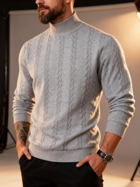 Men's solid color knitted jacquard turtleneck sweater is comfortable, warm and windproof, and can be layered. Casual, comfortable, regular slim fit long-sleeved sweatshirt, suitable for autumn and winter wear, and for men's daily outfits.