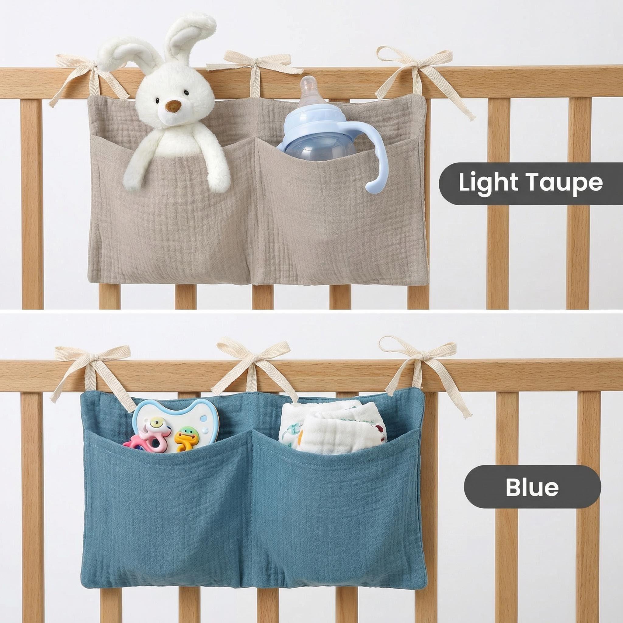Baby Bed Hanging Bag, Soft Fabric 40x20cm, Toy Bottle Night Feeding Storage, Linen Organizer for Bedtime Toys, Universal Cord Fastening