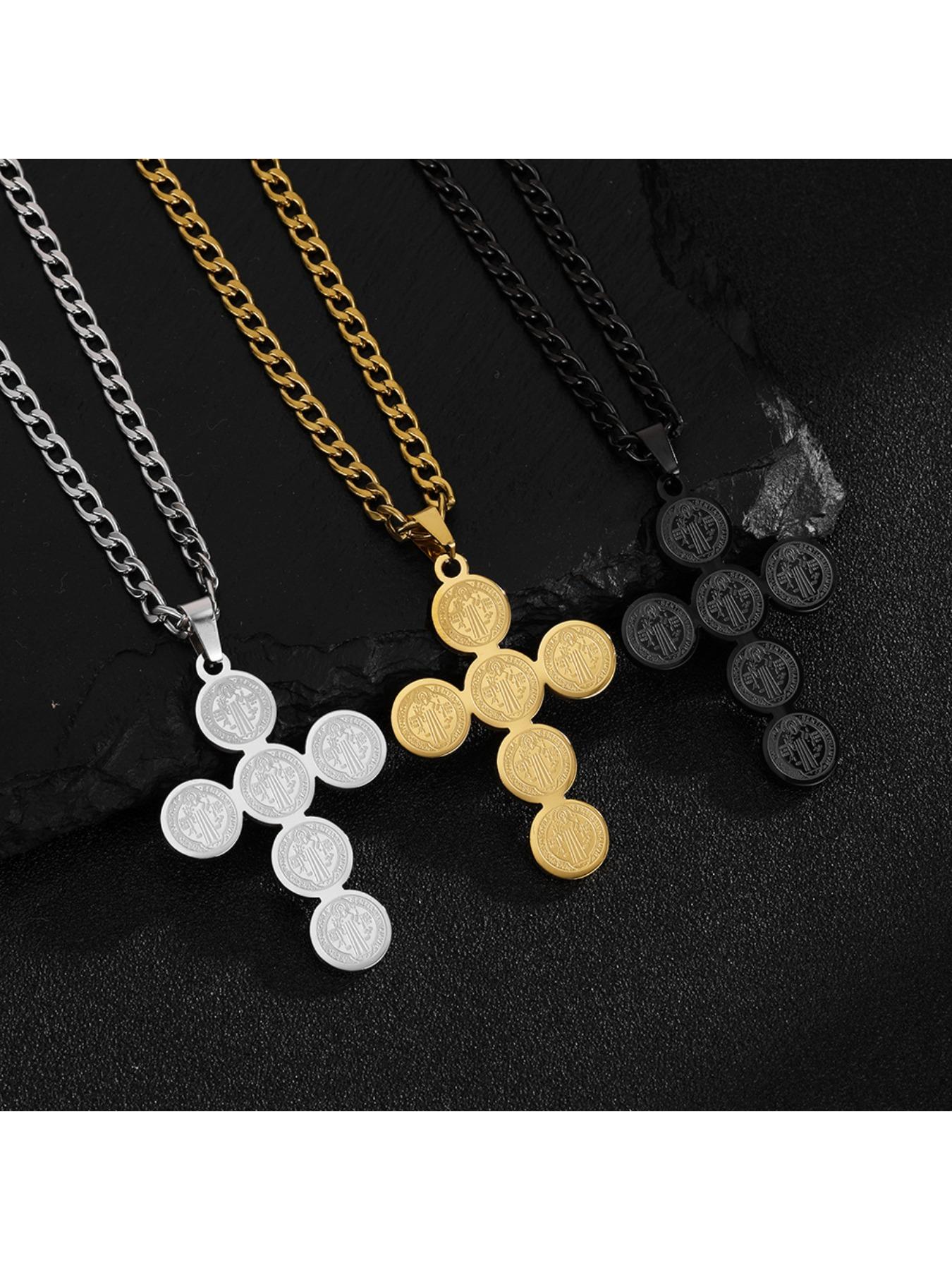 Vintage Cross Engraved Coin Pendant Necklace, Grunge Streetwear Titanium Steel Chain, Non-Tarnish Edgy Jewelry