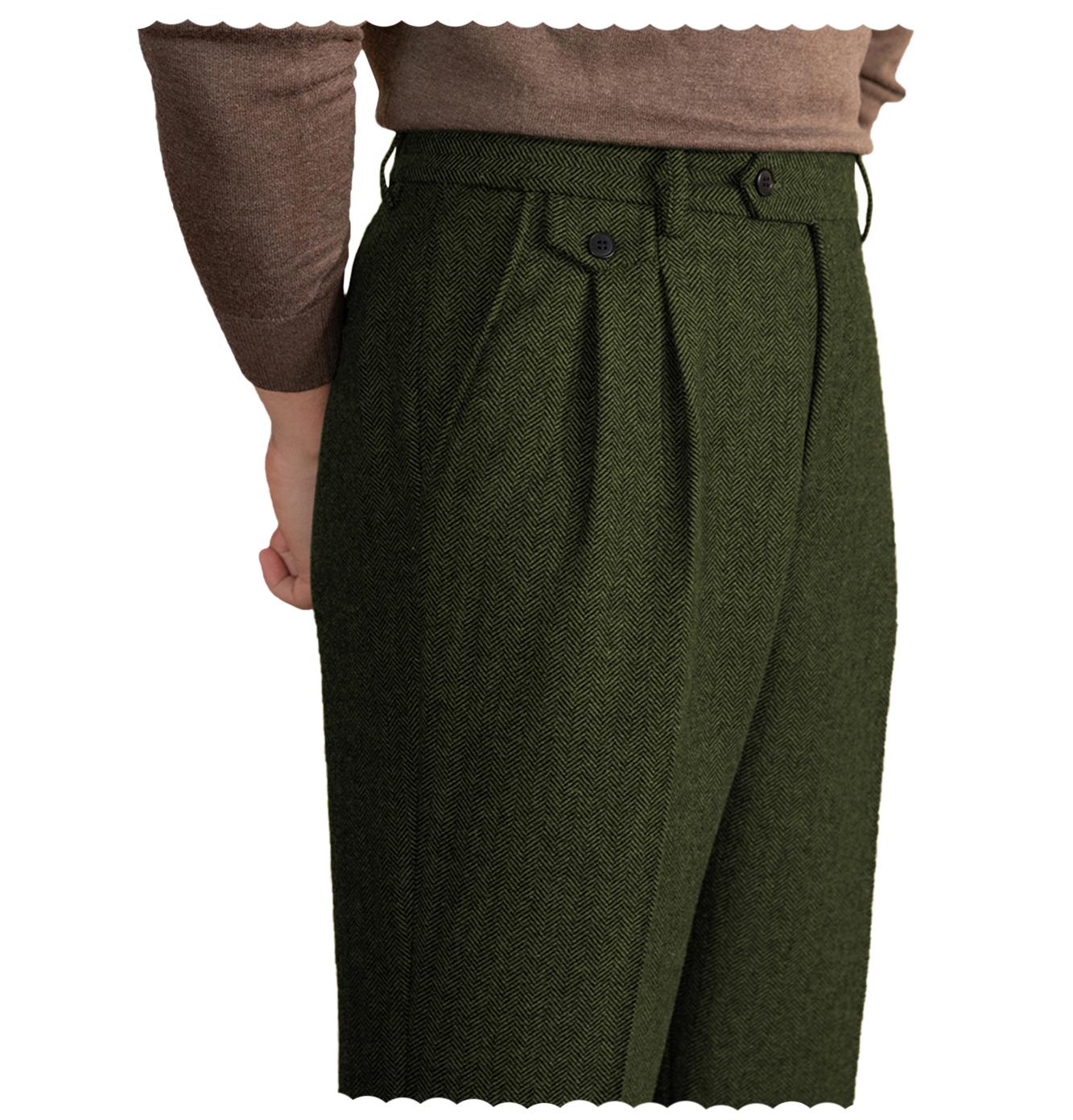 Men's Retro Herringbone Tweed Double Pleat Straight-Leg Turn-Up Cuff Trousers, Menswear Formal-Casual Gentleman Pants with Blazer Dress Fabric, Men's Clothing Vintage Clothing Boosted by Vintage Tweed Style Elevates Basics & Regular Fit Ease