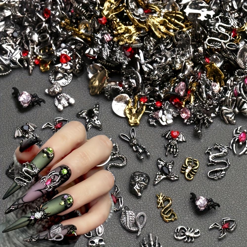 50pcs 3D Alloy Luxury Nail Art Decorations, DIY Manicure Supplies, Skull Hand Spider Bone Rabbit Cross Water Drill Designs