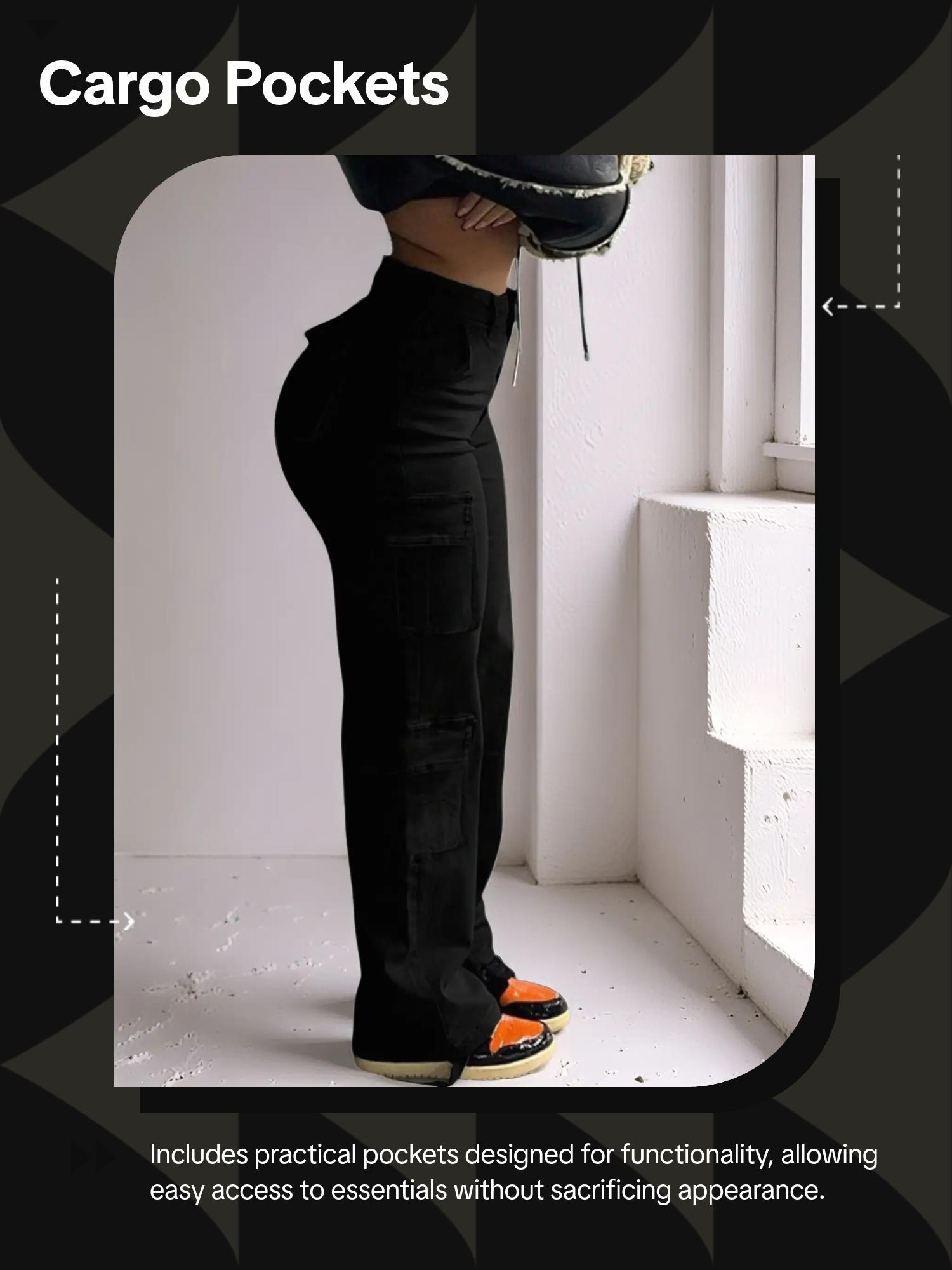 GILIPUR Y2K Women's Plain High Waist Cargo Pants, Street Fashion Comfortable Cargo Pockets Design Trousers for Daily Wear, Ladies Bottoms for All Seasons  Kpop Style Streetwear Pocket Design Lady Loose Clothe,Cotton Clothing